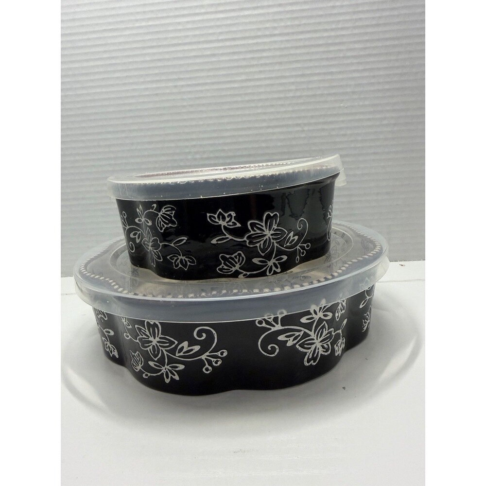 Temp-tations Floral Lace Black Baking Dishes 8" & 6" Scallop Edges With Lids